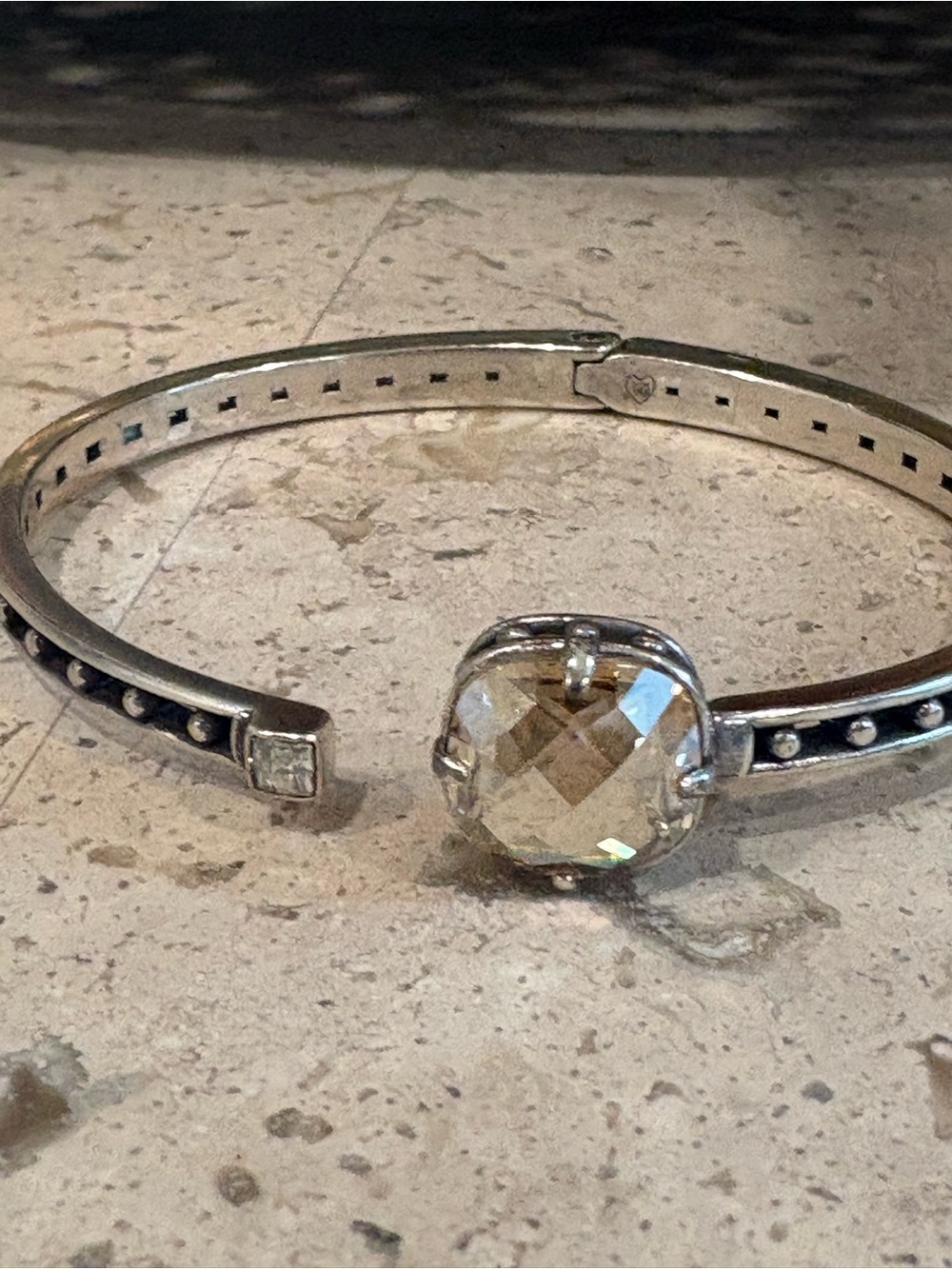 Brighton Silver-Tone Hinged Bangle with Champagne Color Gem Accent